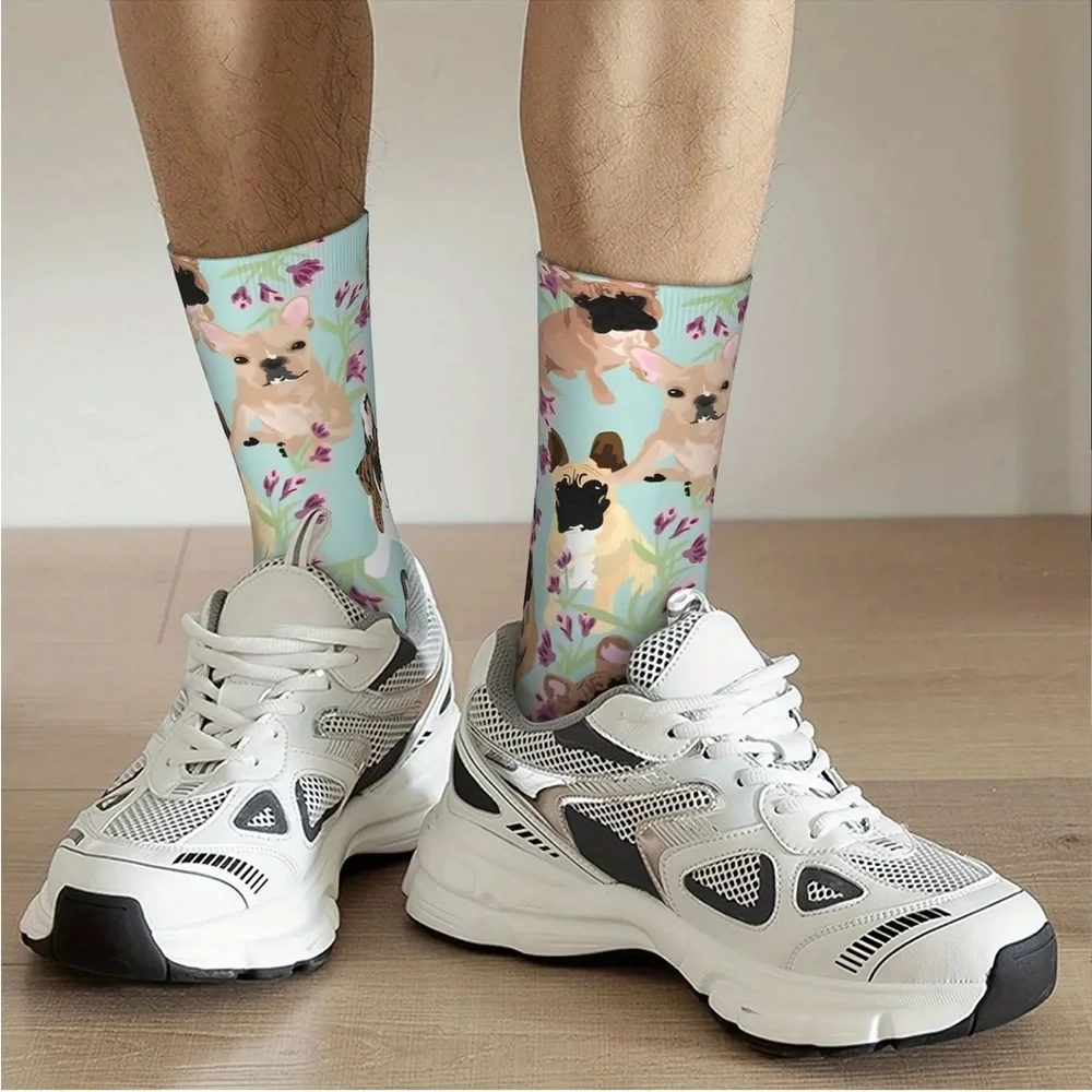 French Bulldog Dog and Floral Print Crew Socks - Unisex